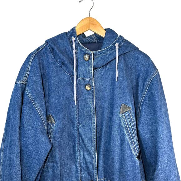 Vintage 80s Andy Johns Longline Denim Hooded Coat Jacket Utility Pockets Blue - Picture 4 of 15